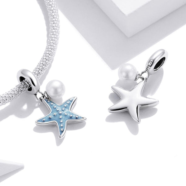 Starfish Faux Pearl Enamel Sterling Silver Bead Charm Pendant Bracelet Necklace