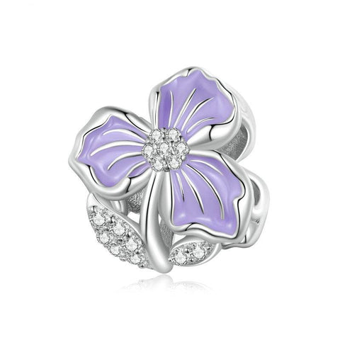 Violet Flower Enamel Sterling Silver CZ Bead Charm Pendant Bracelet Necklace
