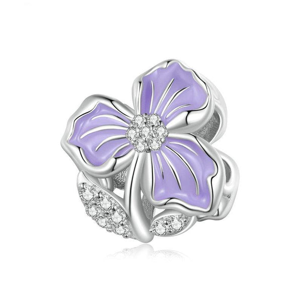 Violet Flower Enamel Sterling Silver CZ Bead Charm Pendant Bracelet Necklace