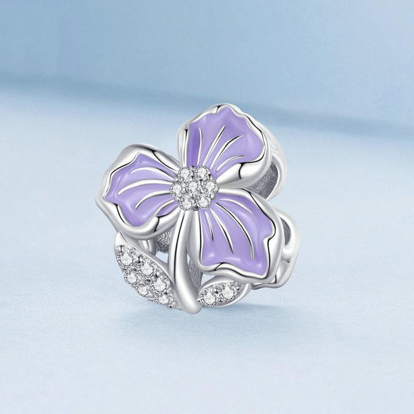 Violet Flower Enamel Sterling Silver CZ Bead Charm Pendant Bracelet Necklace