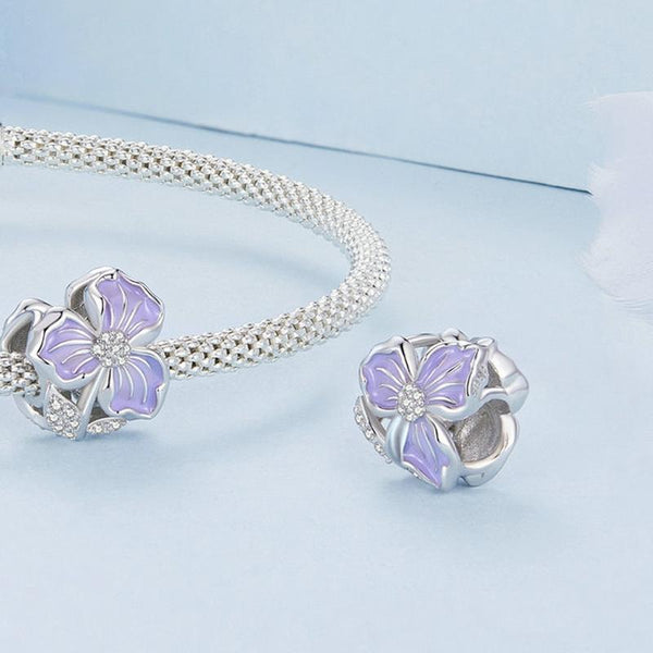 Violet Flower Enamel Sterling Silver CZ Bead Charm Pendant Bracelet Necklace