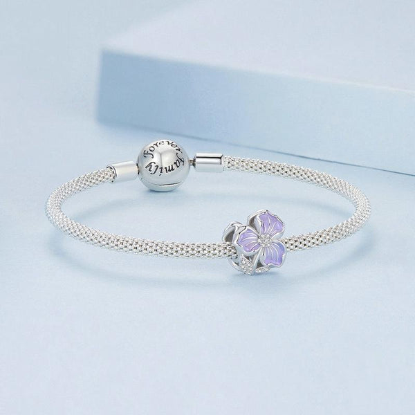 Violet Flower Enamel Sterling Silver CZ Bead Charm Pendant Bracelet Necklace