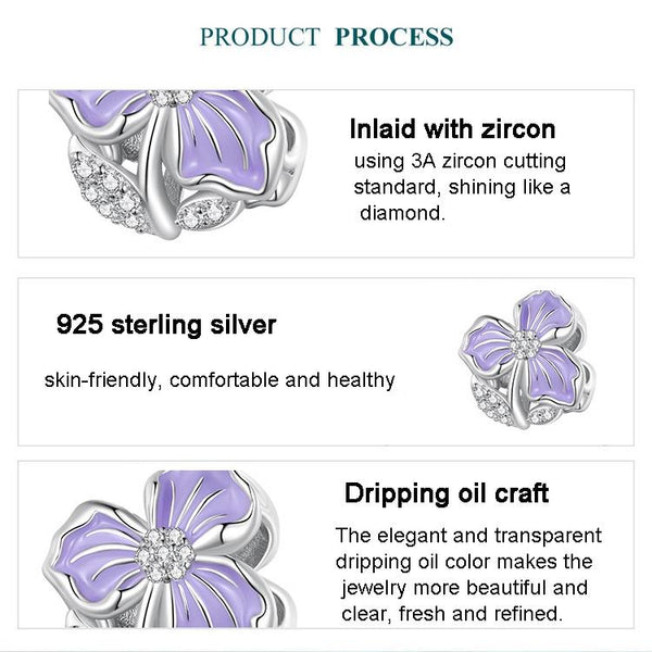 Violet Flower Enamel Sterling Silver CZ Bead Charm Pendant Bracelet Necklace