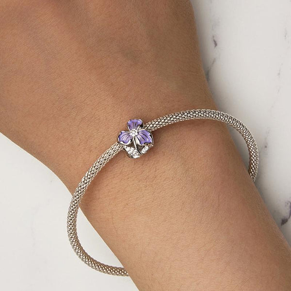 Violet Flower Enamel Sterling Silver CZ Bead Charm Pendant Bracelet Necklace