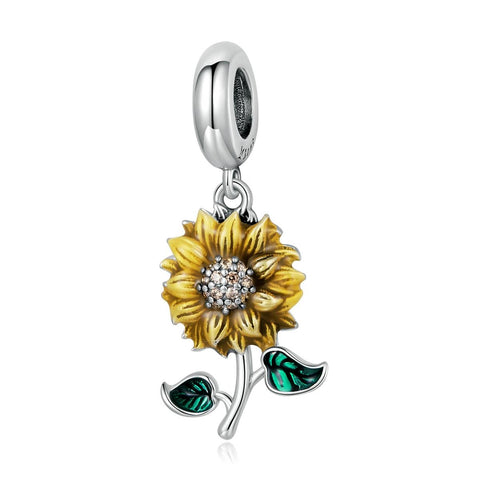 Sunflower Enamel Sterling Silver Bead Charm Bracelet Necklace Pendant