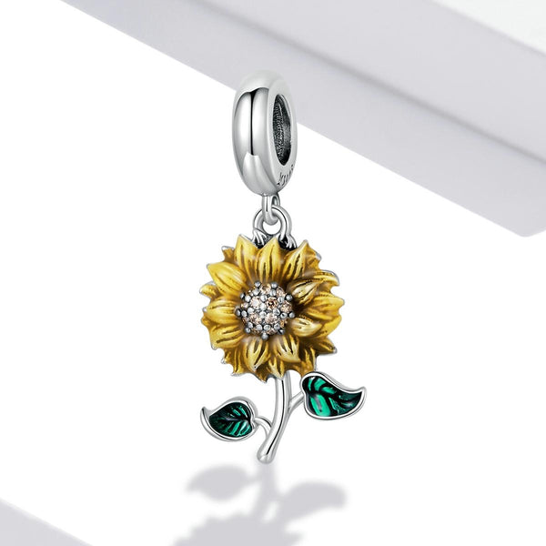 Sunflower Enamel Sterling Silver Bead Charm Bracelet Necklace Pendant