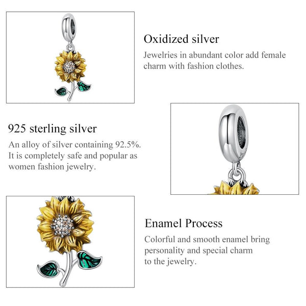 Sunflower Enamel Sterling Silver Bead Charm Bracelet Necklace Pendant