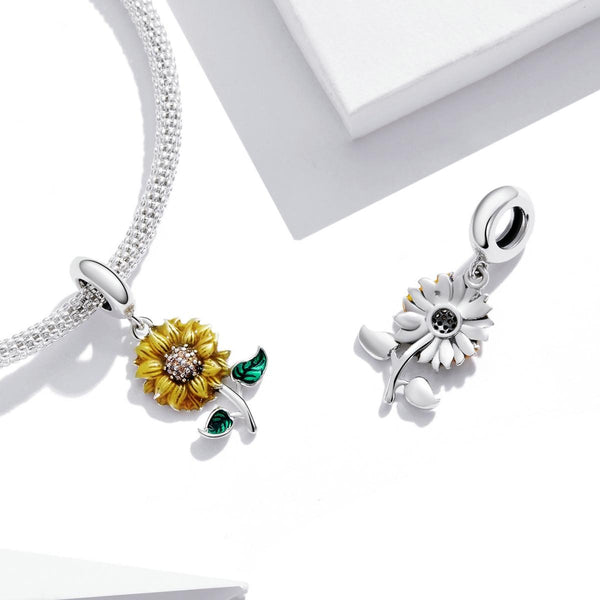 Sunflower Enamel Sterling Silver Bead Charm Bracelet Necklace Pendant