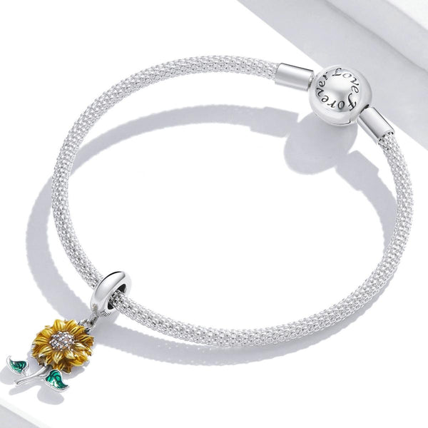 Sunflower Enamel Sterling Silver Bead Charm Bracelet Necklace Pendant