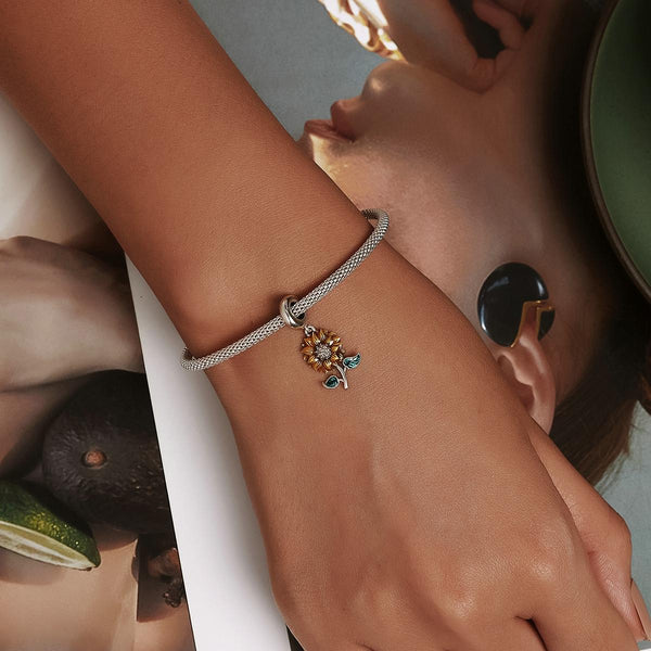Sunflower Enamel Sterling Silver Bead Charm Bracelet Necklace Pendant