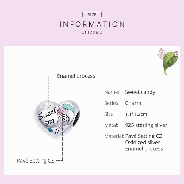 Sweet Heart Candy Enamel Sterling Silver Zircon CZ Bead Charm Bracelet Necklace