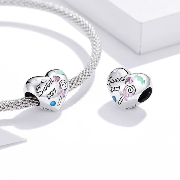 Sweet Heart Candy Enamel Sterling Silver Zircon CZ Bead Charm Bracelet Necklace