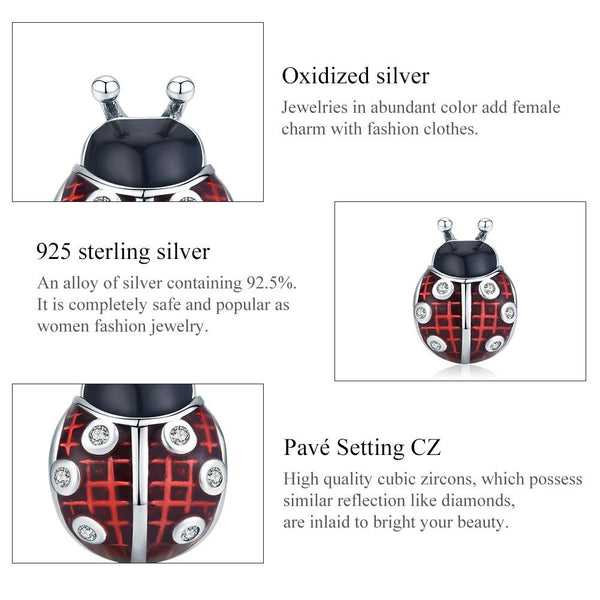 Ladybird Ladybug Enamel Sterling Silver Zircon CZ Bead Charm Bracelet Necklace