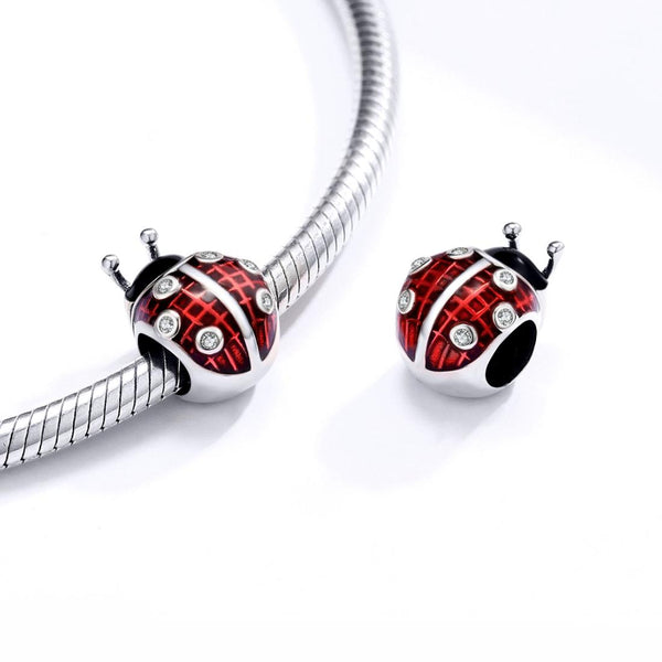 Ladybird Ladybug Enamel Sterling Silver Zircon CZ Bead Charm Bracelet Necklace
