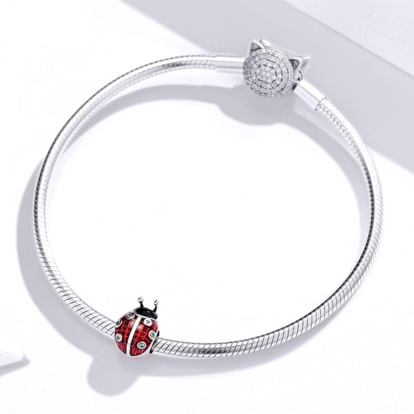Ladybird Ladybug Enamel Sterling Silver Zircon CZ Bead Charm Bracelet Necklace