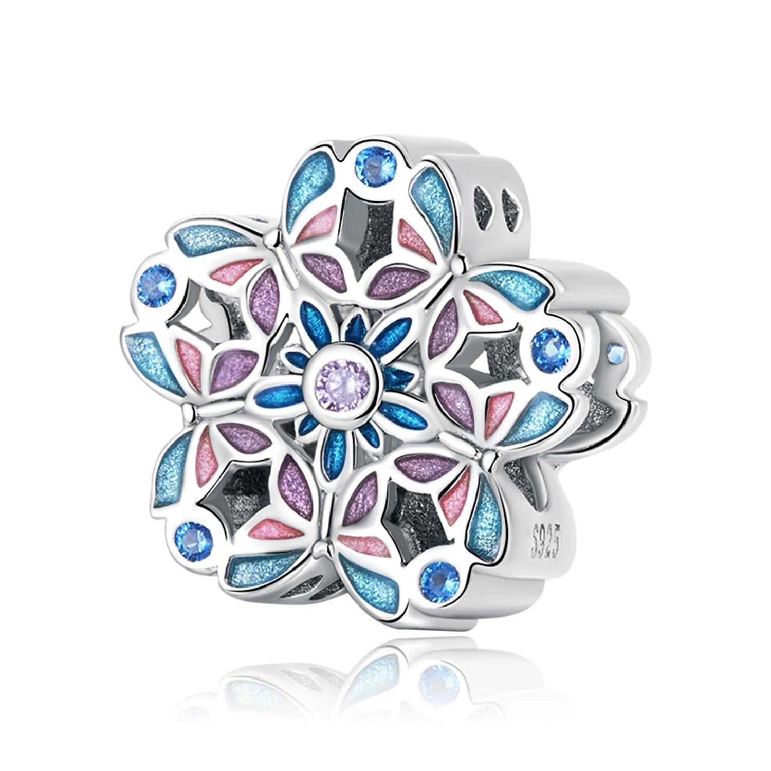 Colourful Butterfly Flower Sterling Silver Enamel Zircon CZ Bead Charm Bracelet