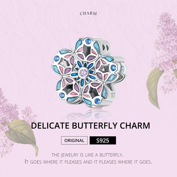 Colourful Butterfly Flower Sterling Silver Enamel Zircon CZ Bead Charm Bracelet