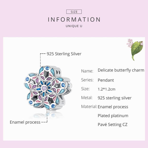 Colourful Butterfly Flower Sterling Silver Enamel Zircon CZ Bead Charm Bracelet