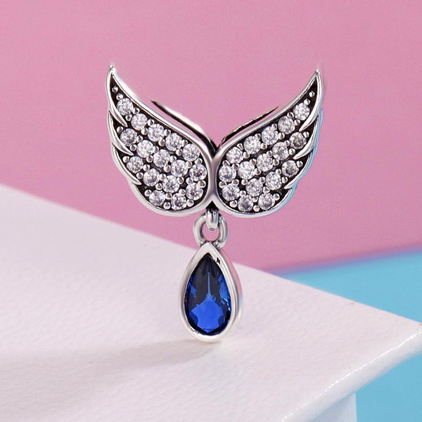 Angel Wings Blue Drop Bead Sterling Silver Charm Bracelet Necklace