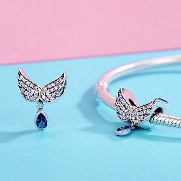 Angel Wings Blue Drop Bead Sterling Silver Charm Bracelet Necklace