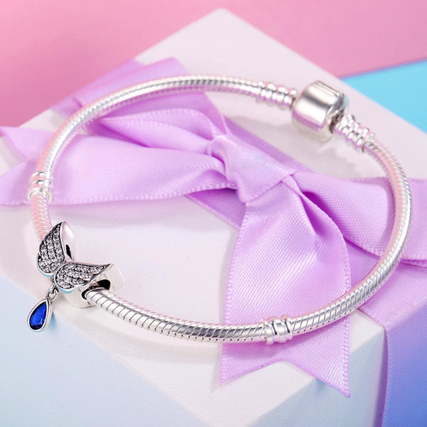 Angel Wings Blue Drop Bead Sterling Silver Charm Bracelet Necklace