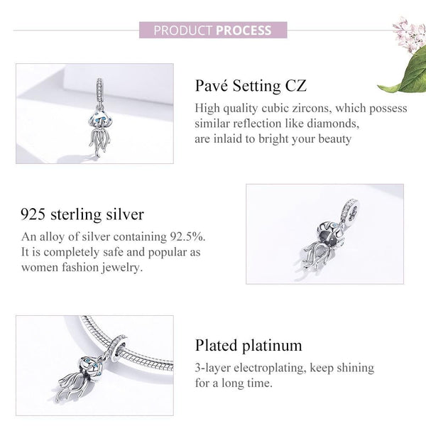 Jellyfish Sterling Silver Zircon CZ Bead Charm Bracelet Necklace Pendant