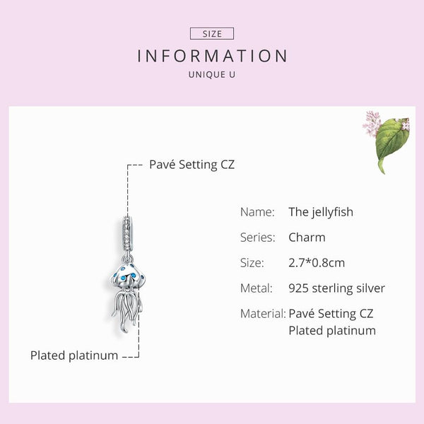 Jellyfish Sterling Silver Zircon CZ Bead Charm Bracelet Necklace Pendant