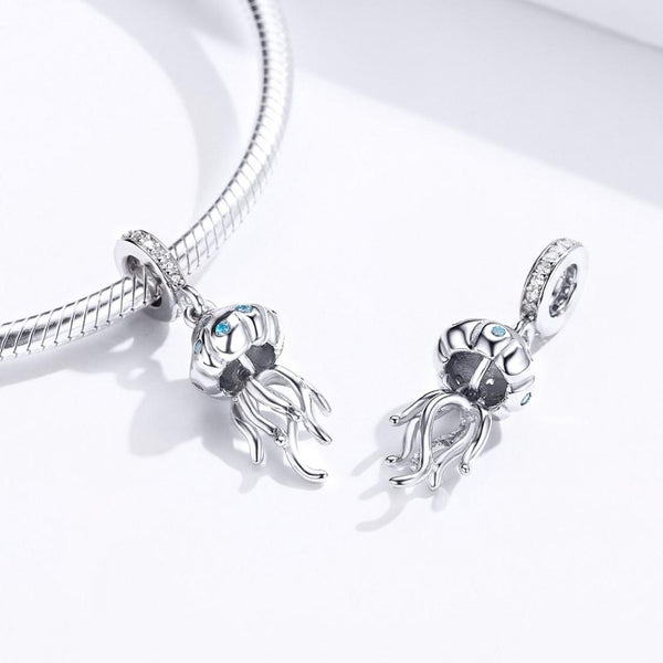 Jellyfish Sterling Silver Zircon CZ Bead Charm Bracelet Necklace Pendant