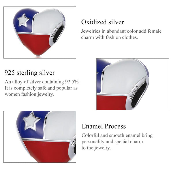 Chile Flag Enamel Sterling Silver Bead Charm Bracelet Necklace