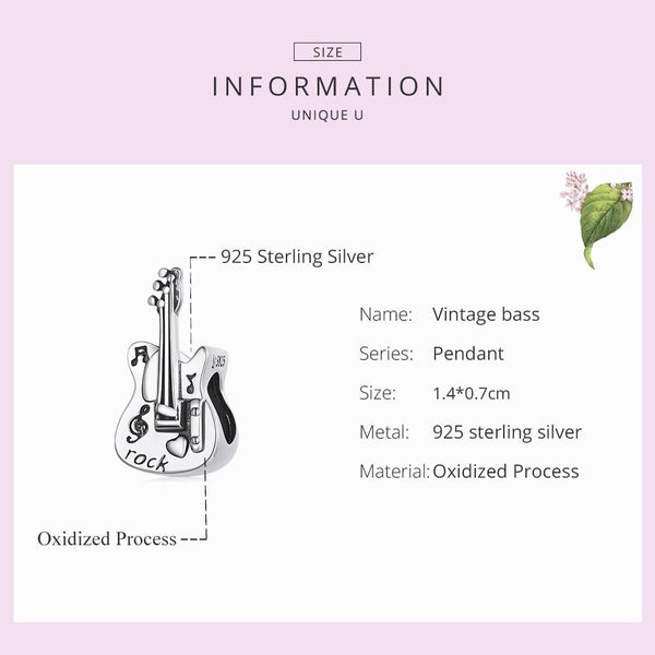 Bass Guitar Sterling Silver Bead Charm Pendant Bracelet Necklace