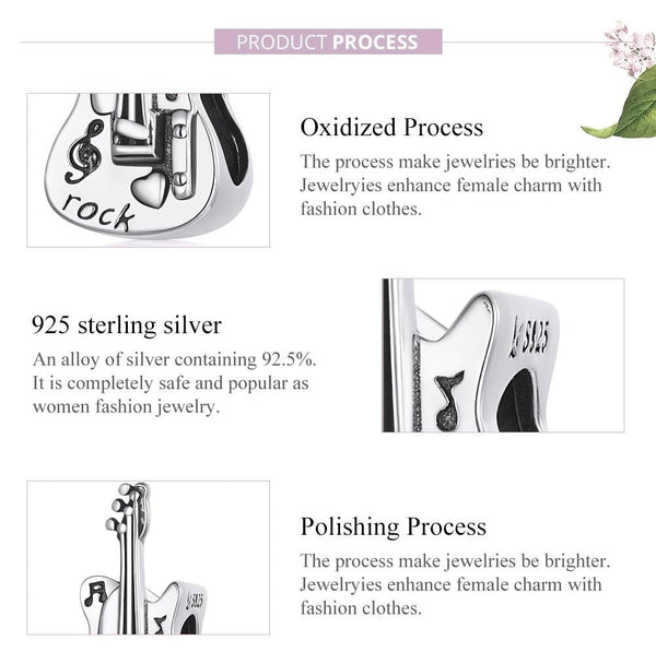 Bass Guitar Sterling Silver Bead Charm Pendant Bracelet Necklace