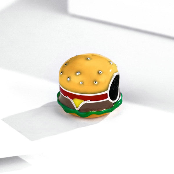 Hamburger Beefburger Enamel Sterling Silver Bead Charm Bracelet Necklace