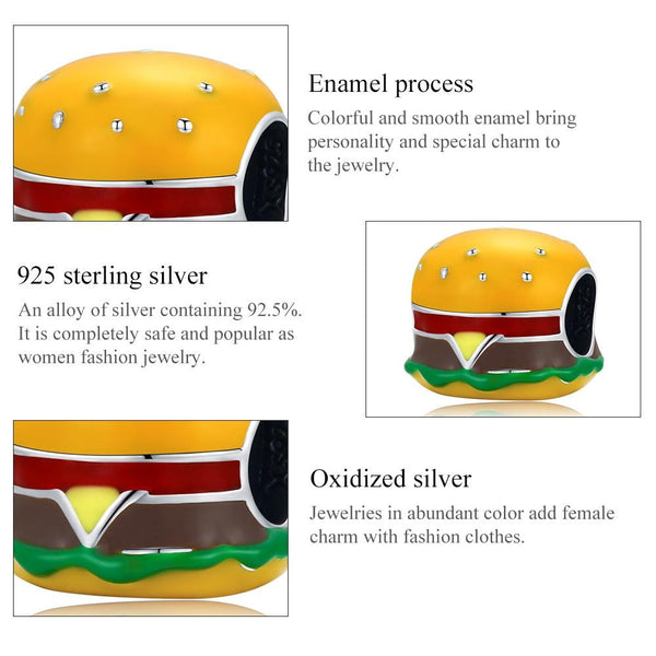Hamburger Beefburger Enamel Sterling Silver Bead Charm Bracelet Necklace