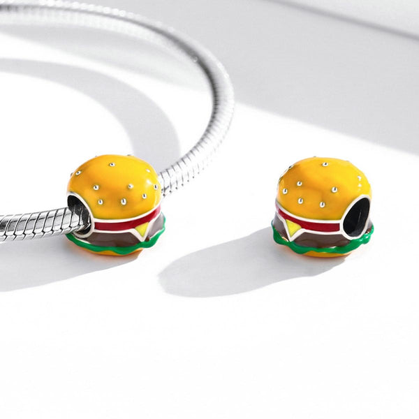 Hamburger Beefburger Enamel Sterling Silver Bead Charm Bracelet Necklace
