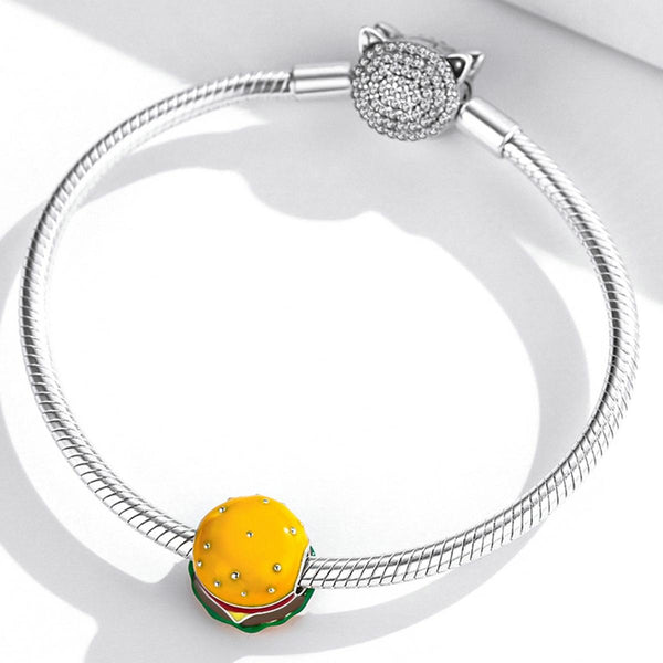 Hamburger Beefburger Enamel Sterling Silver Bead Charm Bracelet Necklace