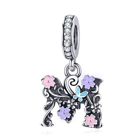M Floral Initial Letter Enamel Sterling Silver Bead Charm Bracelet Necklace
