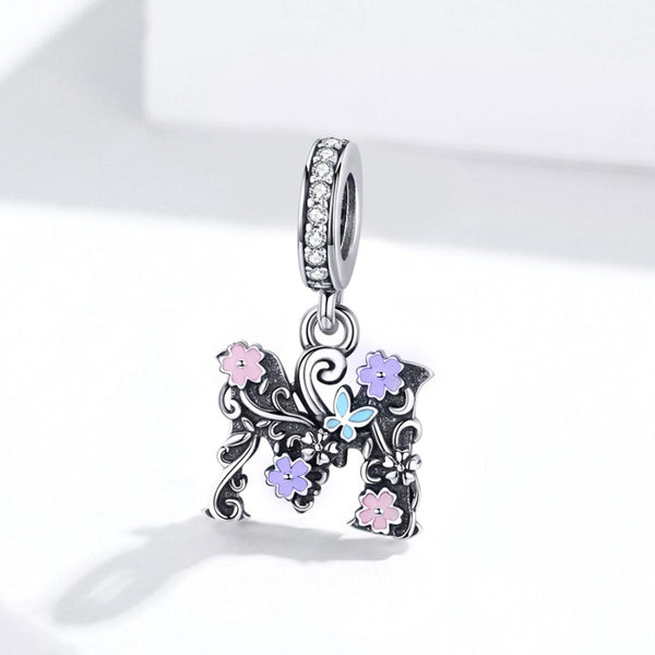 M Floral Initial Letter Enamel Sterling Silver Bead Charm Bracelet Necklace