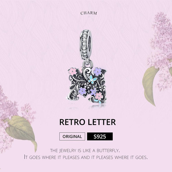 M Floral Initial Letter Enamel Sterling Silver Bead Charm Bracelet Necklace