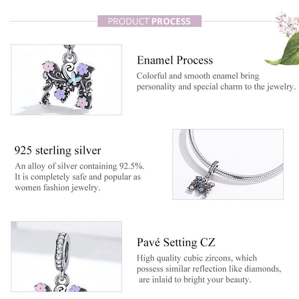 M Floral Initial Letter Enamel Sterling Silver Bead Charm Bracelet Necklace