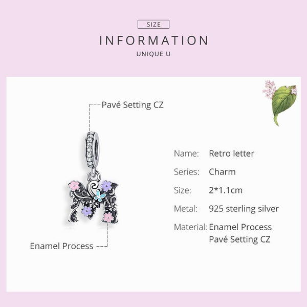 M Floral Initial Letter Enamel Sterling Silver Bead Charm Bracelet Necklace