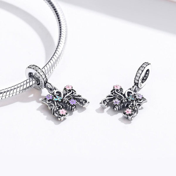 M Floral Initial Letter Enamel Sterling Silver Bead Charm Bracelet Necklace