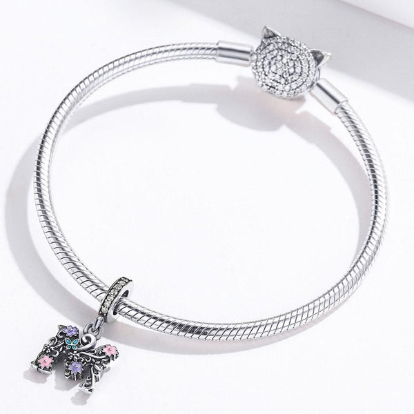 M Floral Initial Letter Enamel Sterling Silver Bead Charm Bracelet Necklace