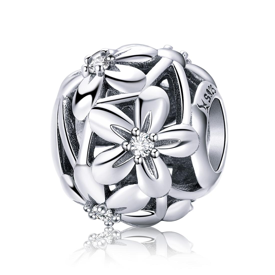 Flowers Floral Sterling Silver Zircon CZ Spacer Bead Charm Bracelet Necklace