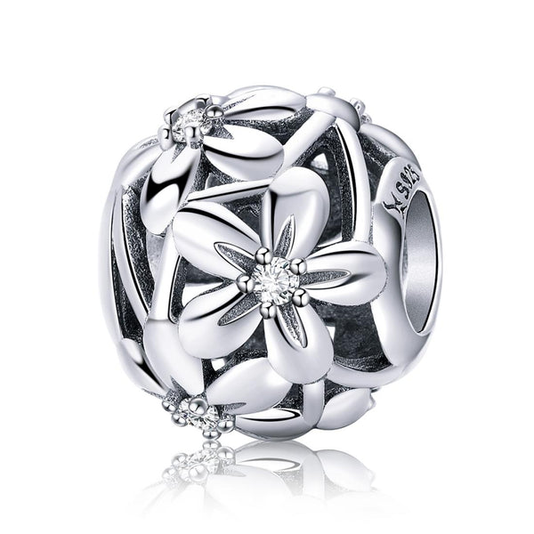 Flowers Floral Sterling Silver Zircon CZ Spacer Bead Charm Bracelet Necklace