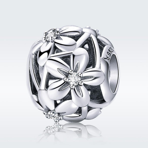 Flowers Floral Sterling Silver Zircon CZ Spacer Bead Charm Bracelet Necklace