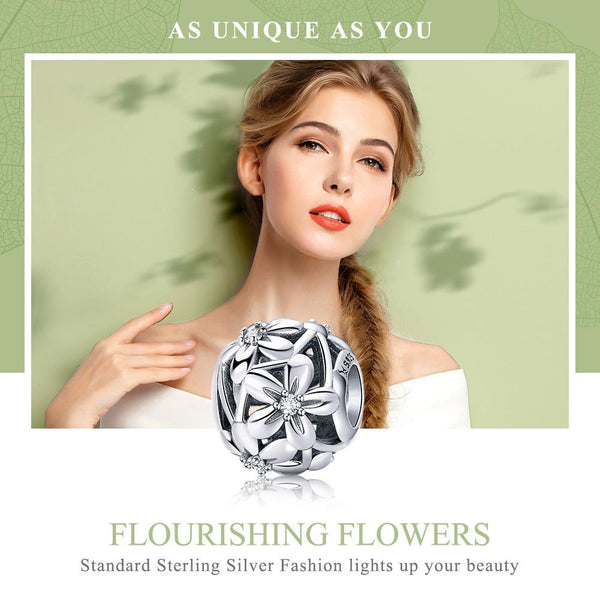 Flowers Floral Sterling Silver Zircon CZ Spacer Bead Charm Bracelet Necklace
