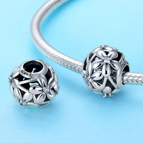 Flowers Floral Sterling Silver Zircon CZ Spacer Bead Charm Bracelet Necklace