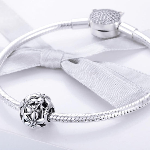 Flowers Floral Sterling Silver Zircon CZ Spacer Bead Charm Bracelet Necklace