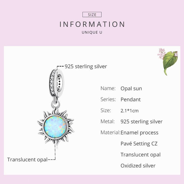 Opal Sun Sterling Silver Zircon CZ Bead Charm Pendant Bracelet Necklace