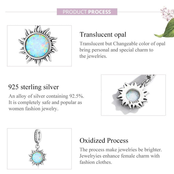Opal Sun Sterling Silver Zircon CZ Bead Charm Pendant Bracelet Necklace